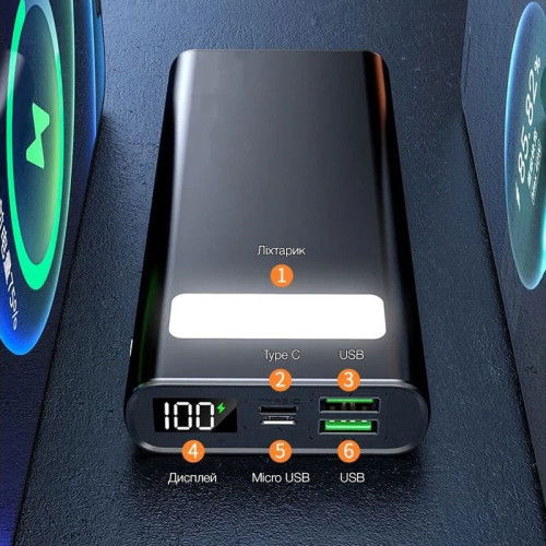 УМБ Power bank SKF D23 на 20000 мАг, PD, QC 3.0, 22,5W ліхтариком, металевий корпус (Чорний)