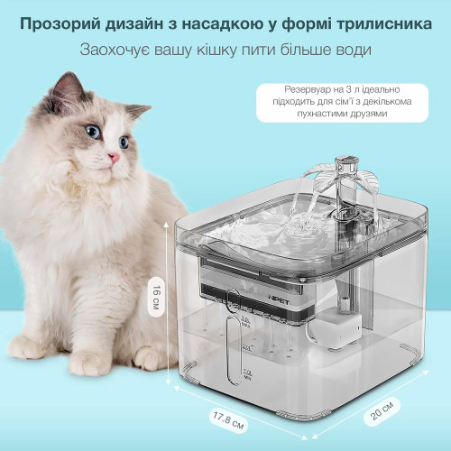 Поїлка-фонтан для котів і собак NPET WF020TP 3L з фільтром Прозорий 