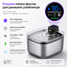 Поїлка-фонтан для котів і собак Pure Tech F-018 PRO з UVC стерилізацією, акумулятором і датчиком руху 5.5 л (Сталь)