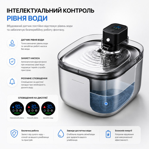 Автоматична поїлка-фонтан Pure Tech F-018 PRO з UVC стерилізацією, акумулятором та датчиком руху 5.5 л (Сталь)